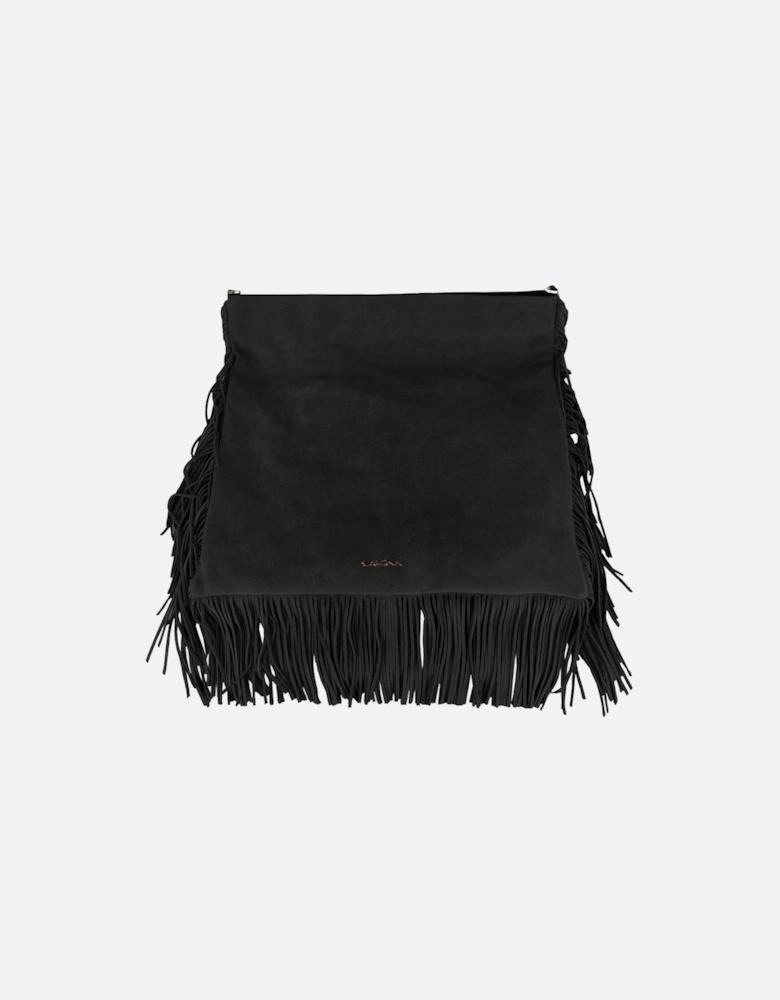 Suede Fringed Square Shoulder Bag with Zip Closure Women - Black