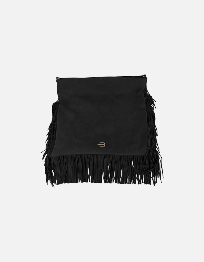 Suede Fringed Square Shoulder Bag with Zip Closure Women - Black