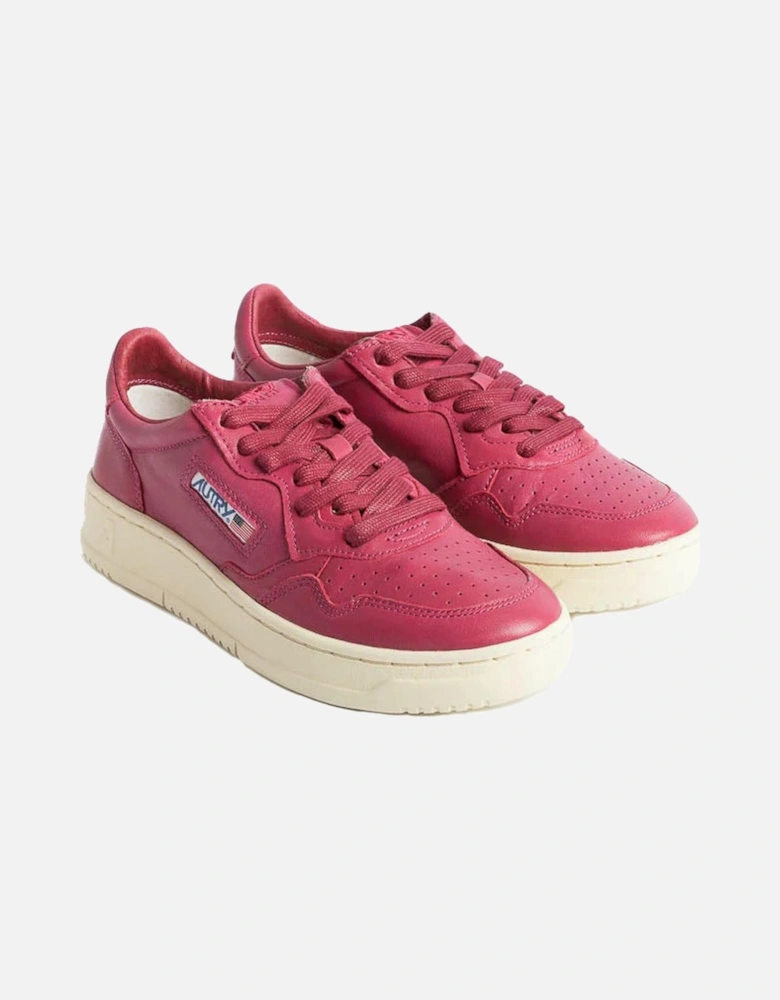 Vintage Effect Goatskin Sneakers with Logo Embroidery. Women - Fuchsia