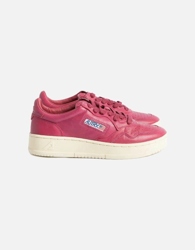 Vintage Effect Goatskin Sneakers with Logo Embroidery. Women - Fuchsia