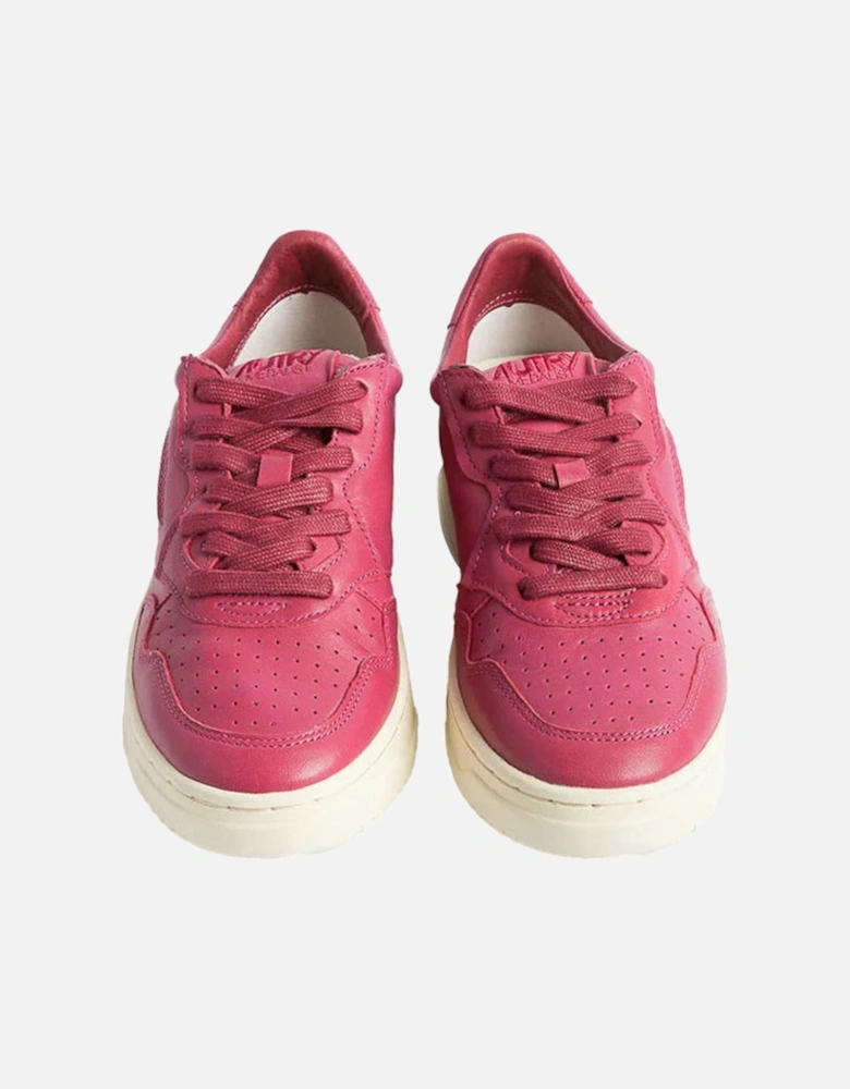 Vintage Effect Goatskin Sneakers with Logo Embroidery. Women - Fuchsia