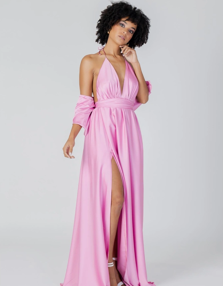 Pink Satin Evening Maxi Dress Women Scarves