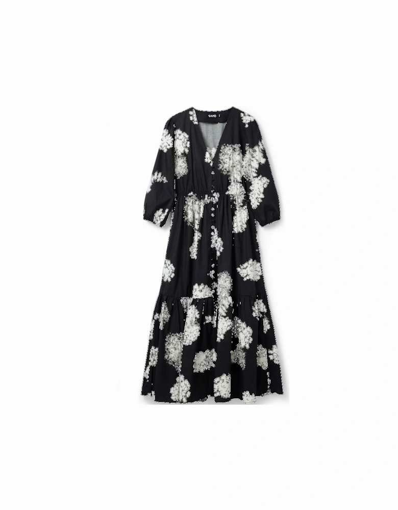 Floral Print Midi Dress Button Front Dress Women - Black Dresses