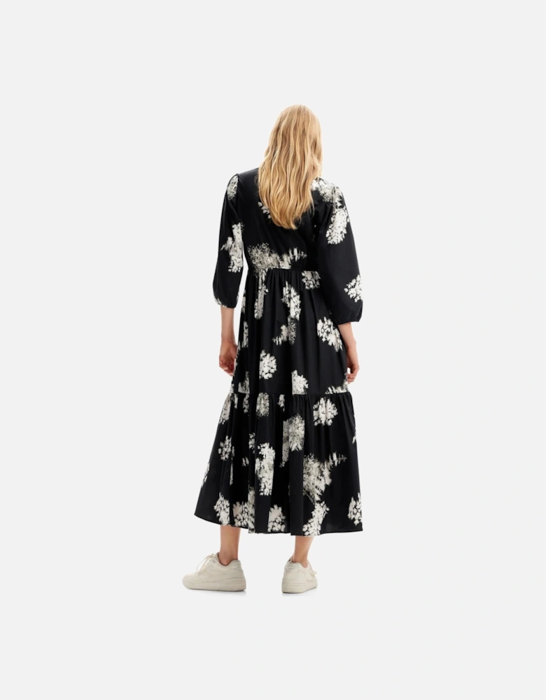 Floral Print Midi Dress Button Front Dress Women - Black Dresses
