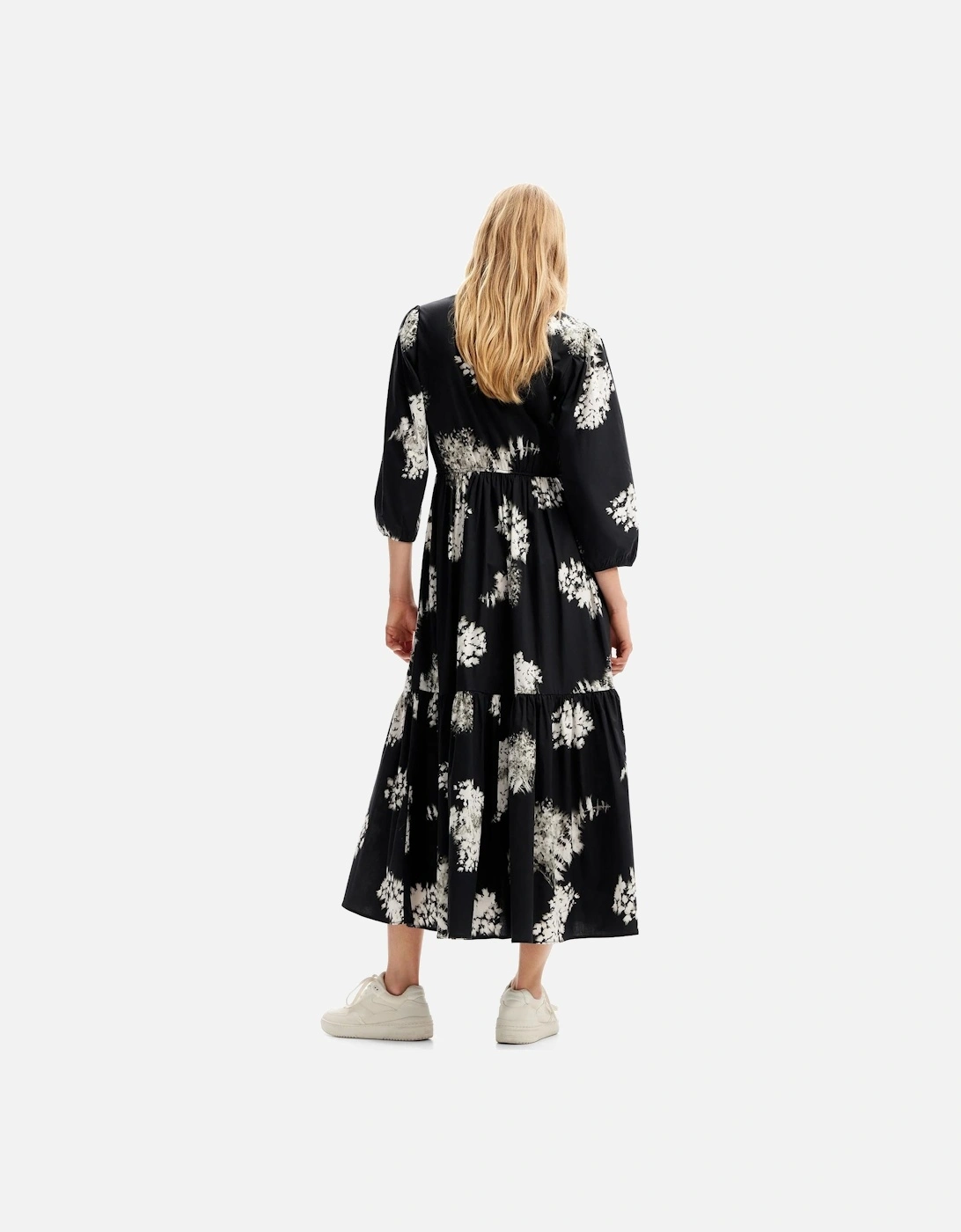 Floral Print Midi Dress Button Front Dress Women - Black Dresses