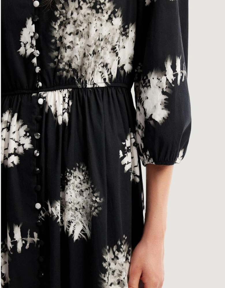 Floral Print Midi Dress Button Front Dress Women - Black Dresses