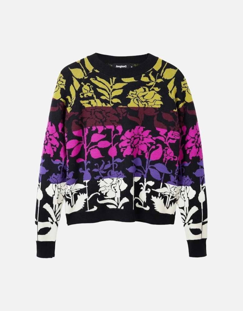 Floral Print Knit Sweater Relaxed Fit Women - Black Knitwear
