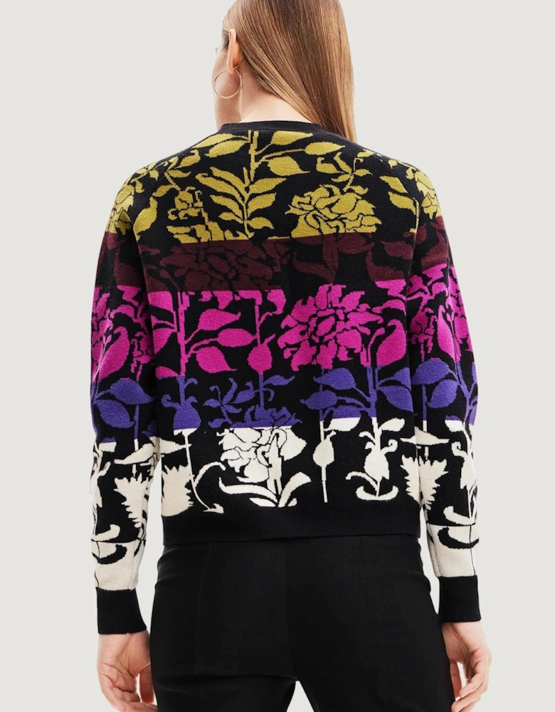 Floral Print Knit Sweater Relaxed Fit Women - Black Knitwear