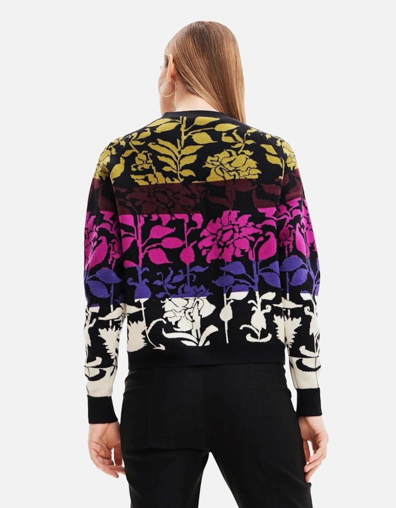 Floral Print Knit Sweater Relaxed Fit Women - Black Knitwear