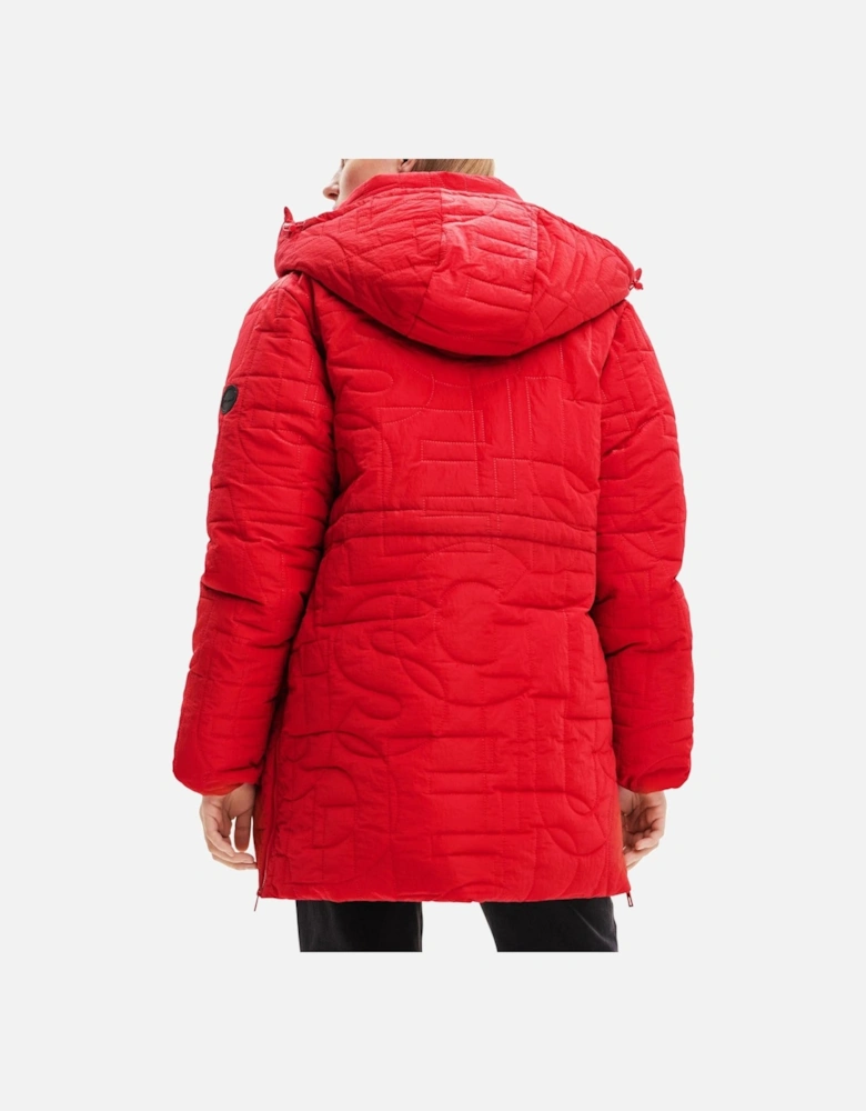 Red Quilted Padded Jacket Geometric Pattern Women Jackets
