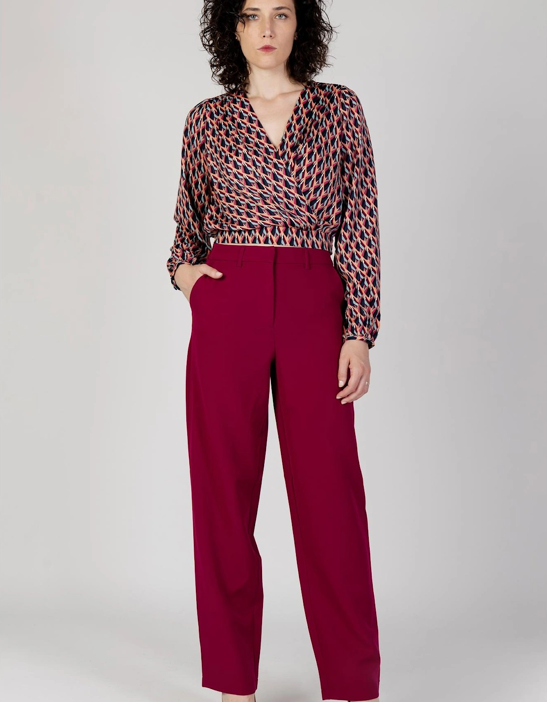 Zip and Button Front Pockets Trousers Women - Bordeaux