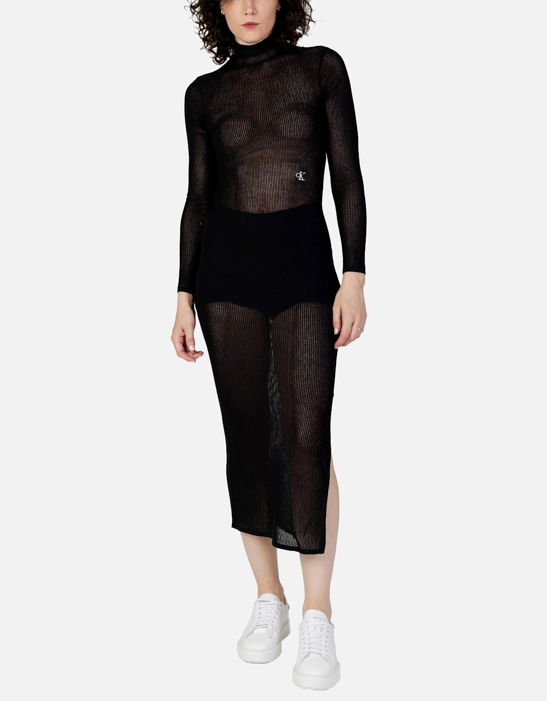 Ribbed Knit Midi Dress Long Sleeve Mock Neck Women - Black Dresses, 4 of 3