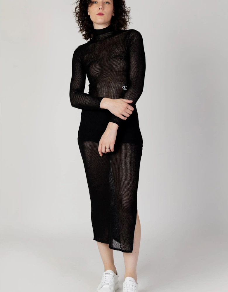 Ribbed Knit Midi Dress Long Sleeve Mock Neck Women - Black Dresses