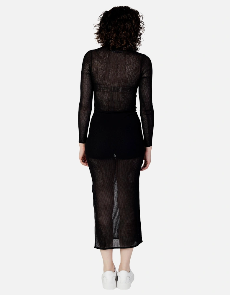 Ribbed Knit Midi Dress Long Sleeve Mock Neck Women - Black Dresses