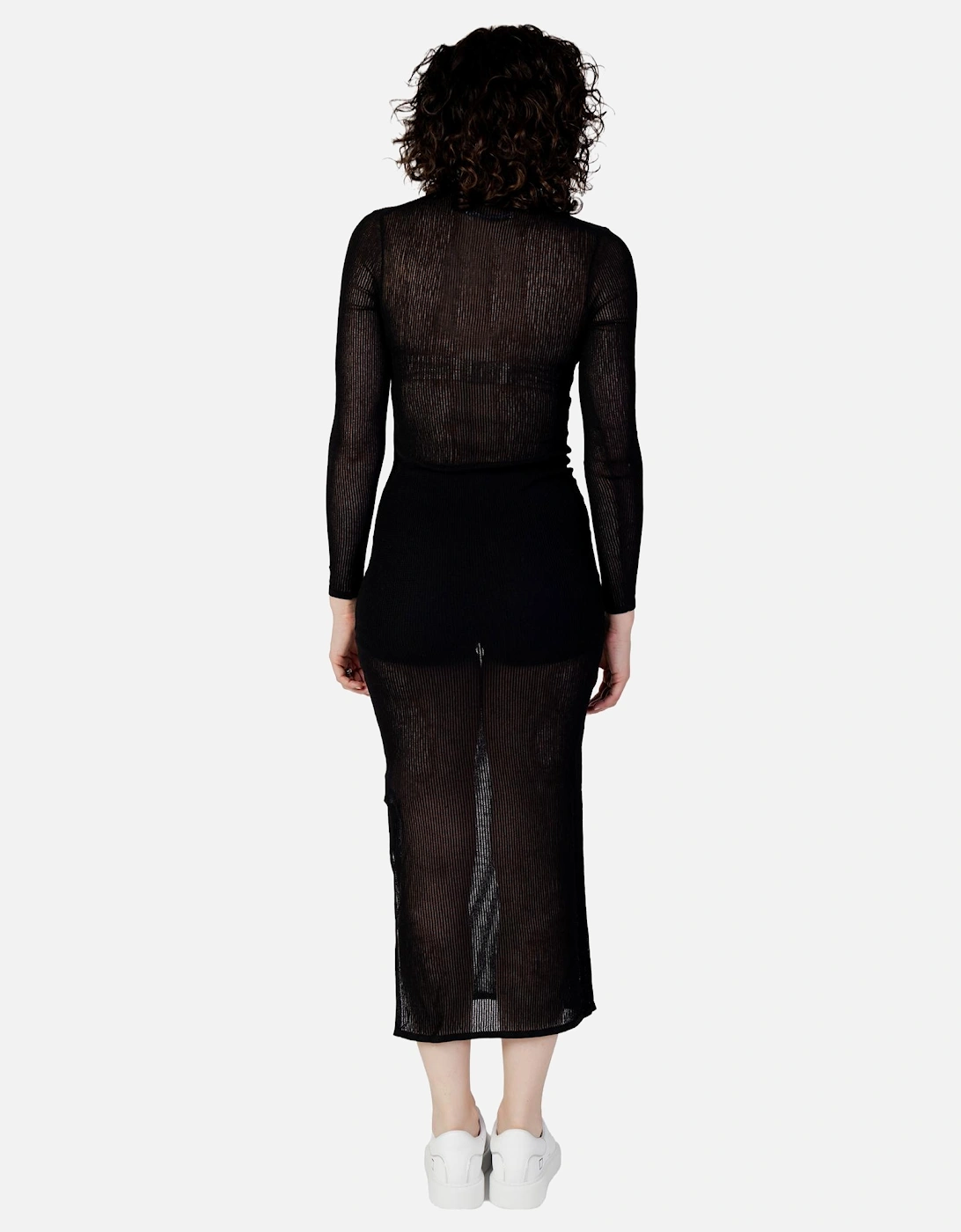 Ribbed Knit Midi Dress Long Sleeve Mock Neck Women - Black Dresses