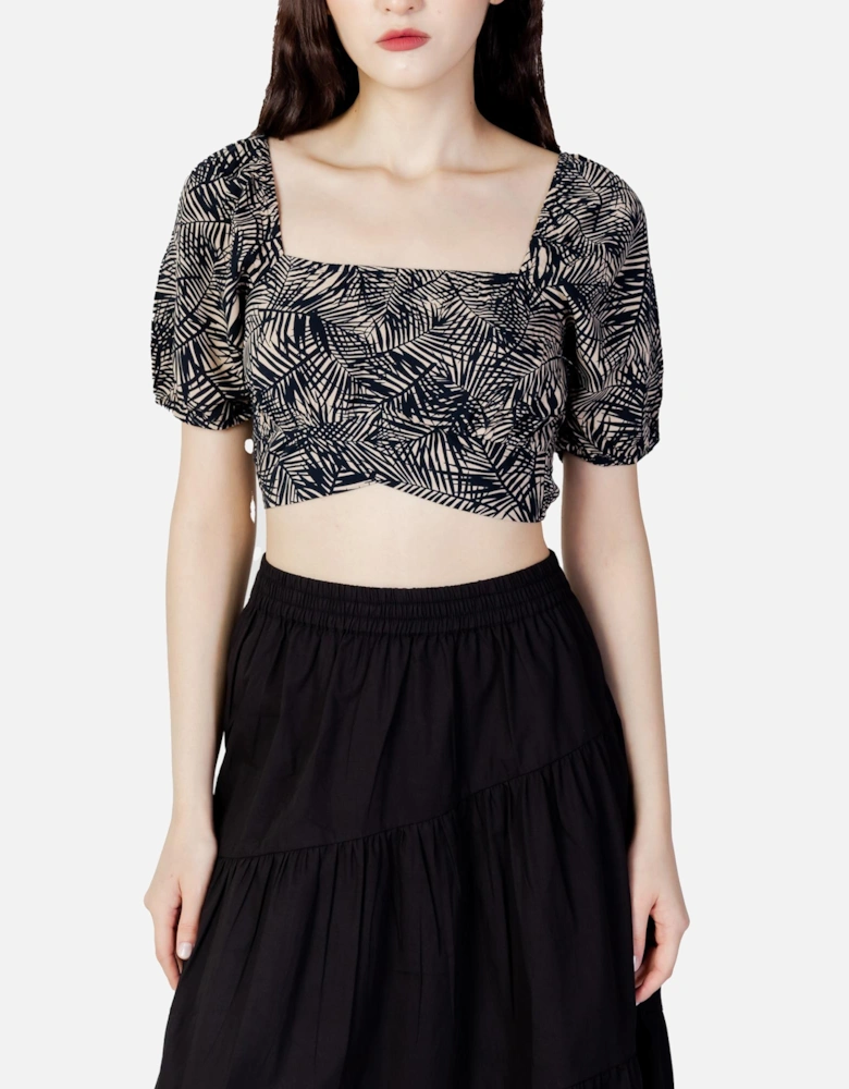 LeafPrint Crop Top Short Puff Sleeves Women - Blue