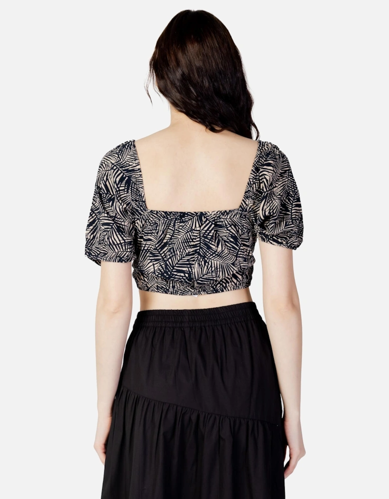 LeafPrint Crop Top Short Puff Sleeves Women - Blue