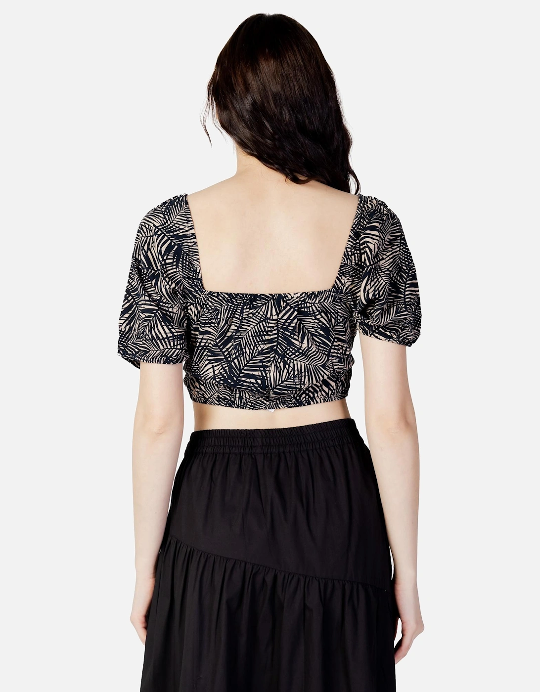 LeafPrint Crop Top Short Puff Sleeves Women - Blue