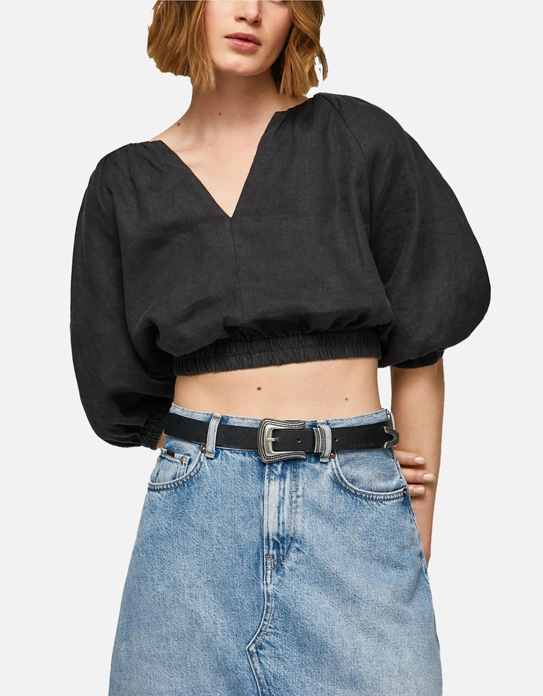 VNeck 34 Sleeve Cropped Top Women - Black Shirts, 3 of 2