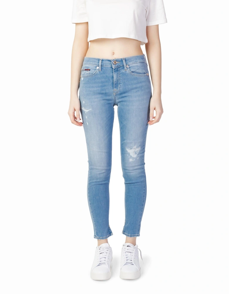 Plain Zip and Button Jeans with Pockets Women - Blue