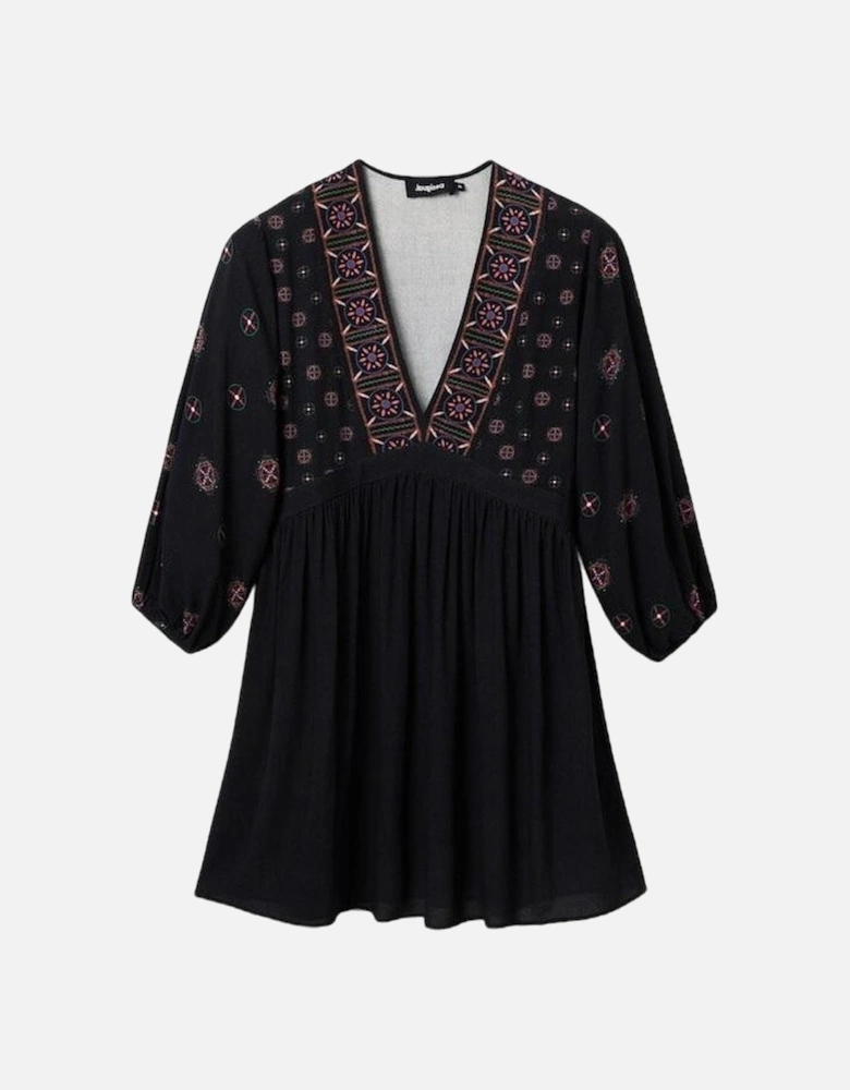 Embroidered VNeck Mini Dress 34 Sleeves Women - Black Dresses