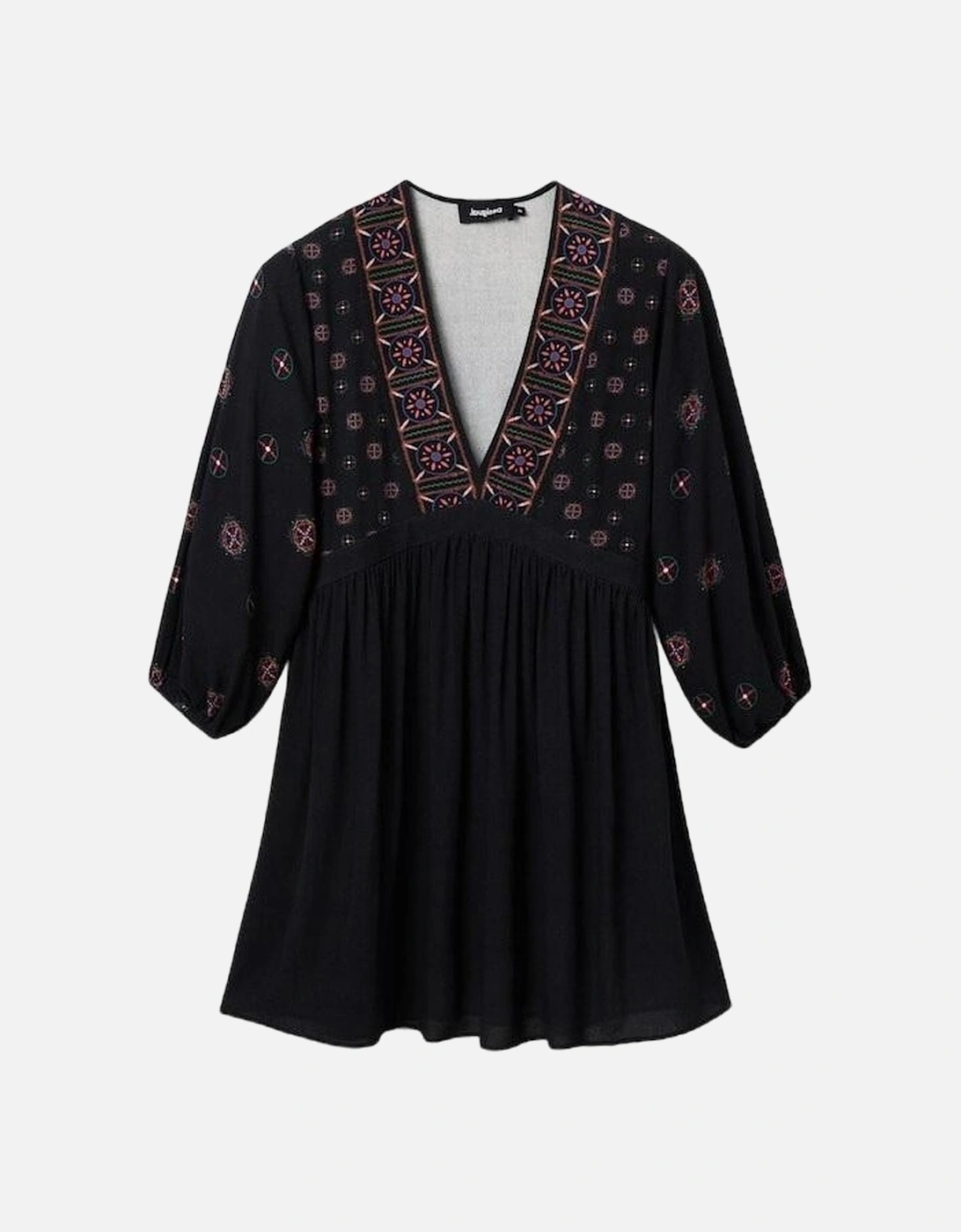Embroidered VNeck Mini Dress 34 Sleeves Women - Black Dresses, 3 of 2