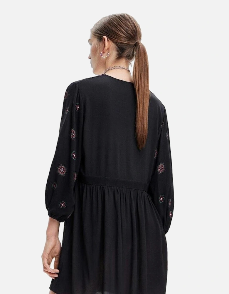 Embroidered VNeck Mini Dress 34 Sleeves Women - Black Dresses