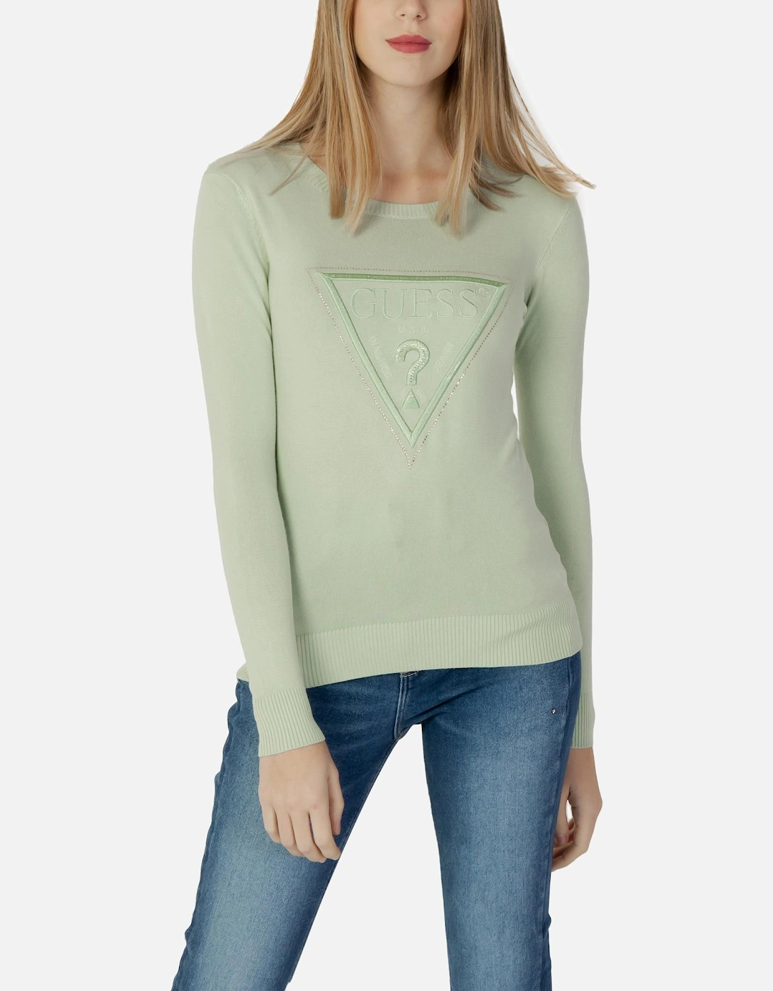 Guess Women's Green Long Sleeve Knit Sweater Crystal Triangular Logo - : Size 10