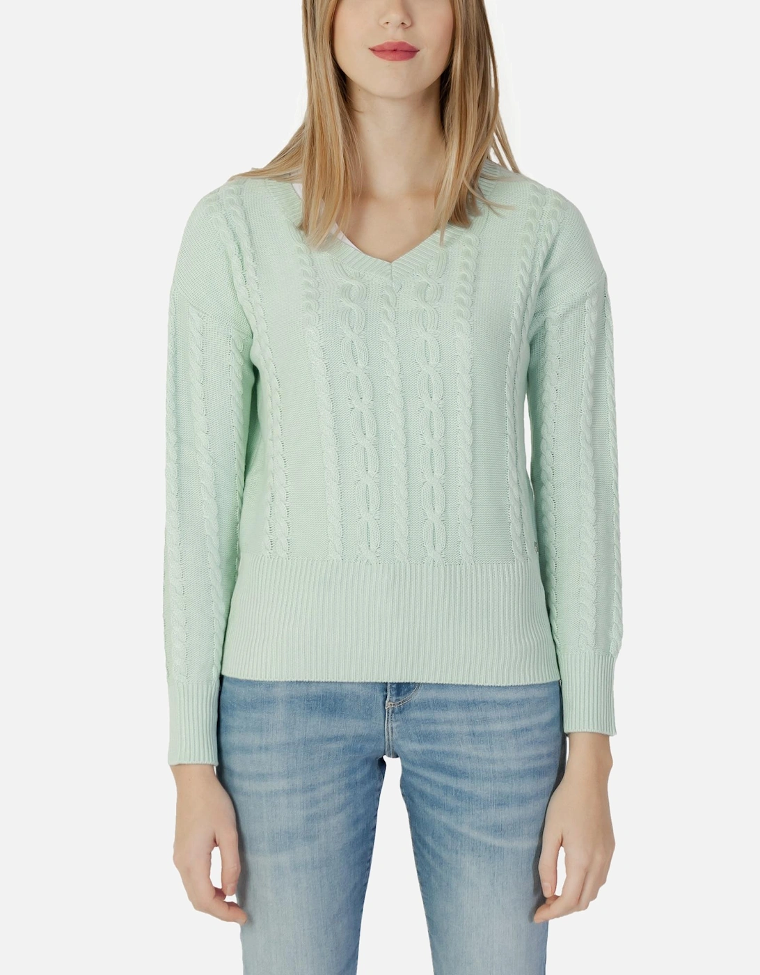 Cable Knit VNeck Sweater Women - Green Knitwear, 3 of 2