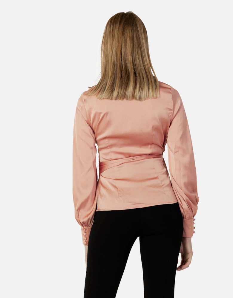 V-Neck Lace Fastening Long Sleeve Blouse Women - Pink