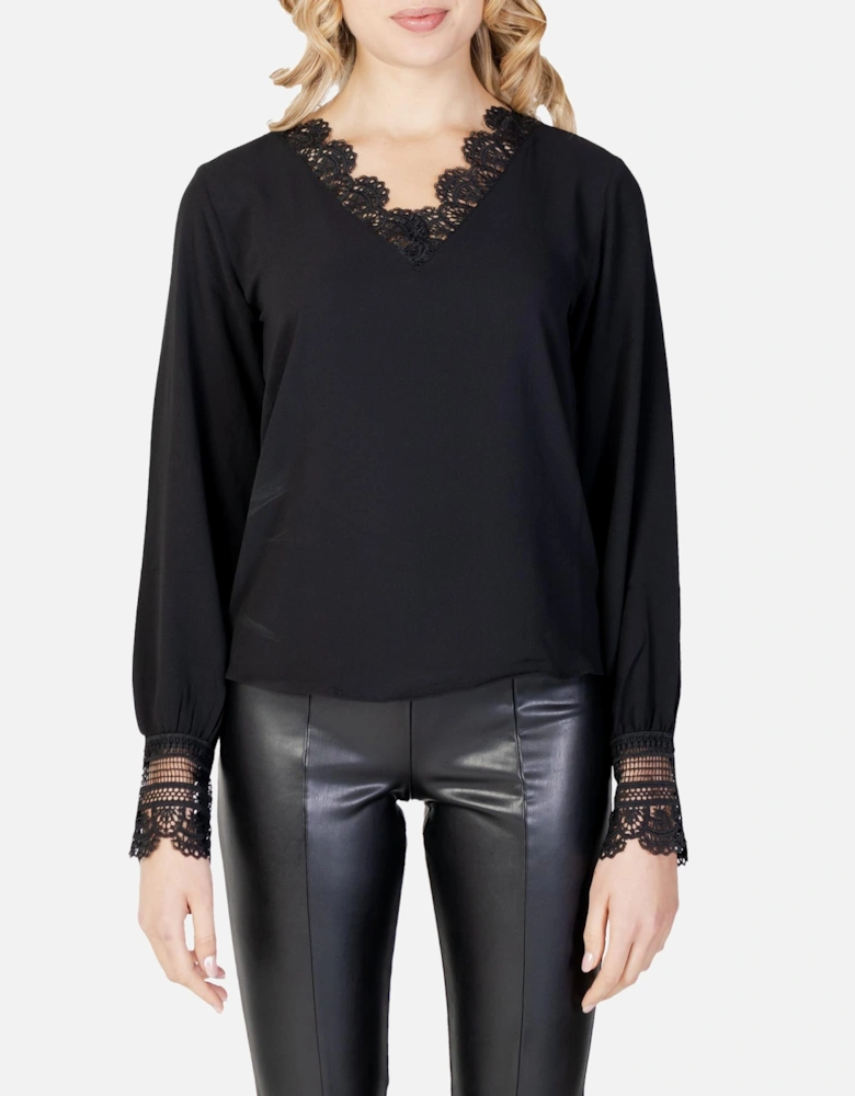 Lace Detail Blouse Long Sleeve VNeck Women - Black