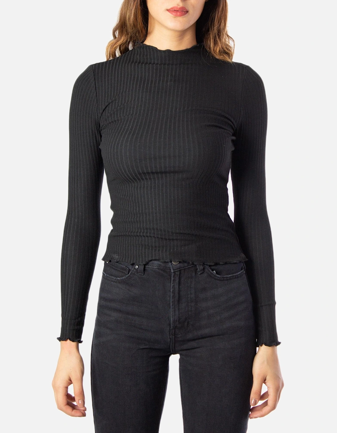 Ribbed Mock Neck Top Long Sleeve Women - Black Knitwear, 4 of 3
