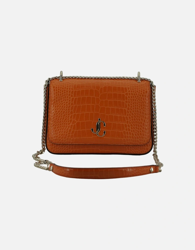 Croc Embossed Leather Shoulder Bag with Chain Strap and Gold Toned