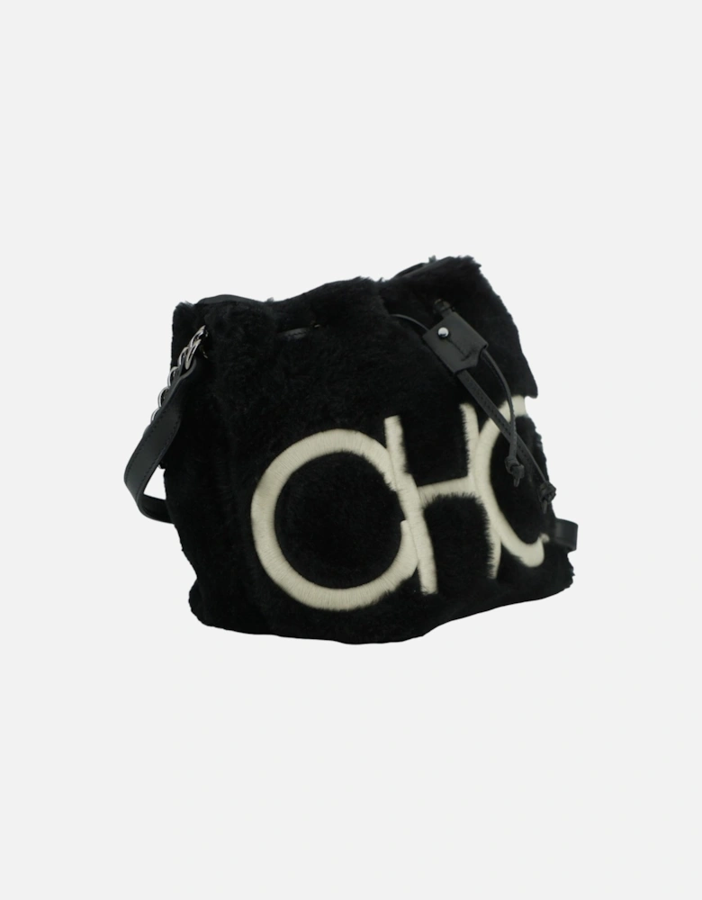 Leather and Fabric Top Handle Shoulder Bag with Chain Strap and Logo