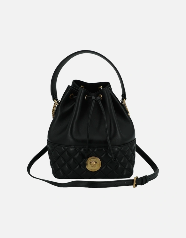 Black Lamb Leather Bucket Shoulder Bag with Medusa Logo Women