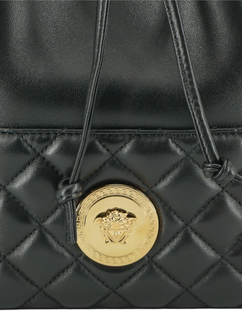 Black Lamb Leather Bucket Shoulder Bag with Medusa Logo Women