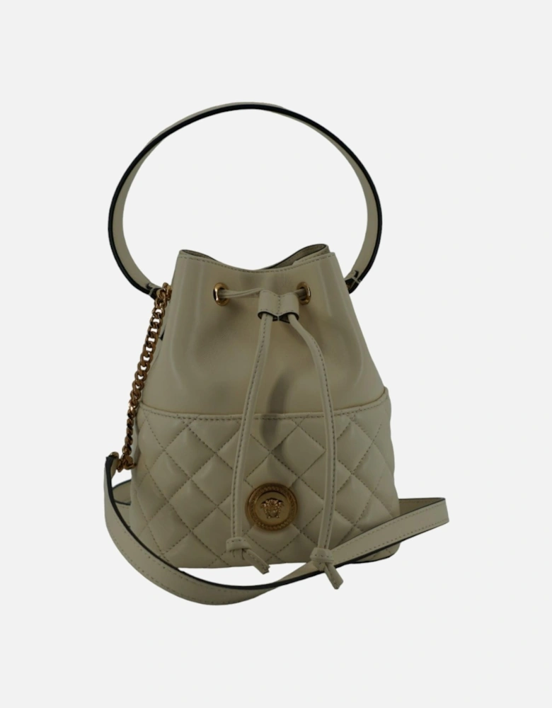 Small White Lamb Leather Bucket Shoulder Bag with Medusa Head Logo