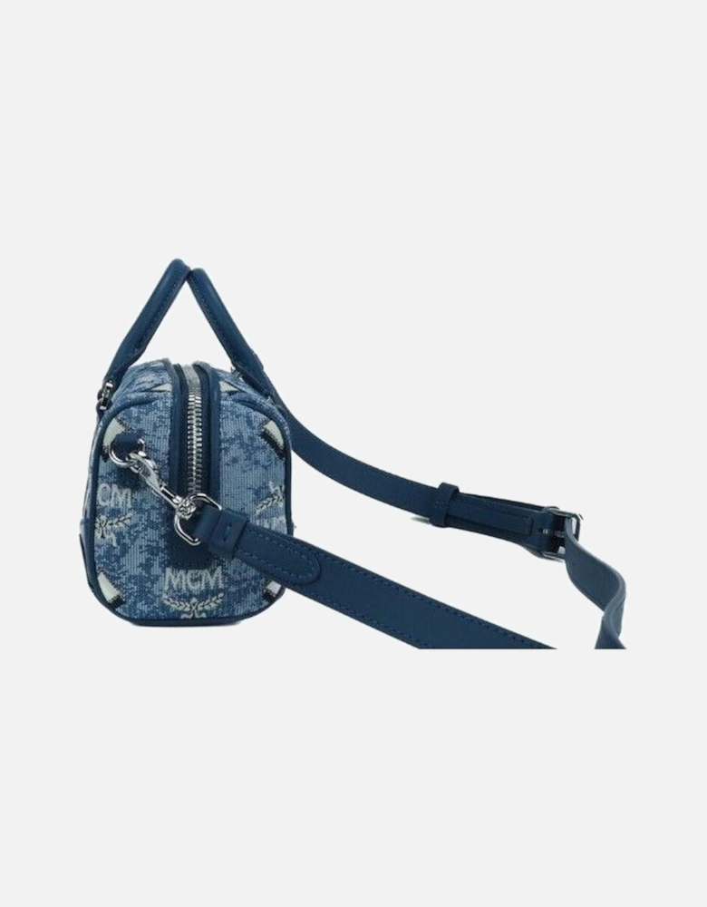 Boston Mini Blue Vintage Jacquard Logo Fabric Satchel Crossbody