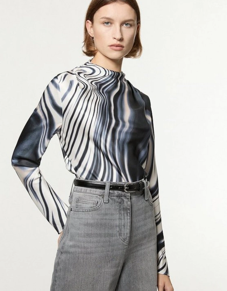 Graduated Stripe Viscose Satin High Neck Blouse