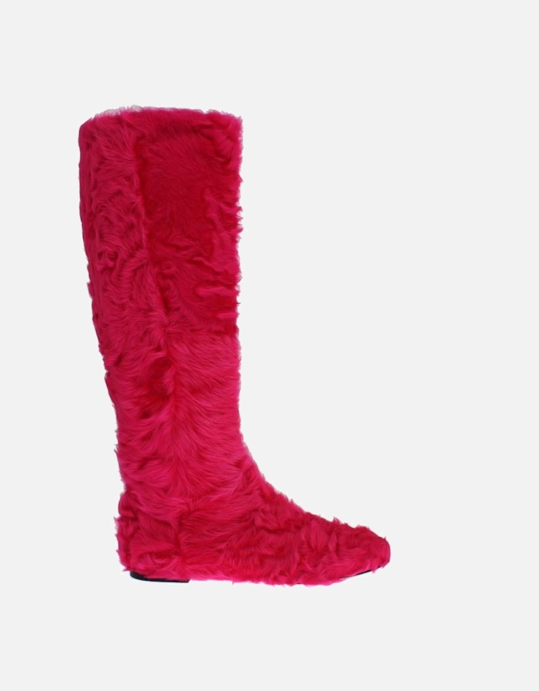 Pink Lamb Fur Leather Flat Boots Women