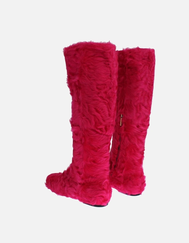 Pink Lamb Fur Leather Flat Boots Women