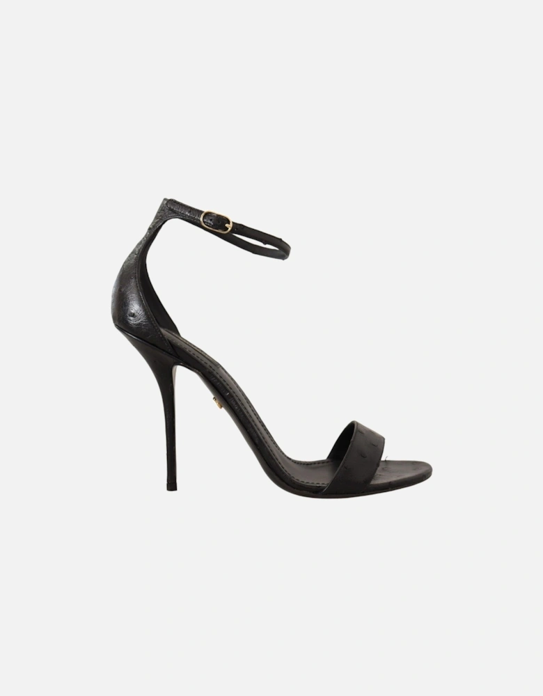 Black Ostrich Ankle Strap Heels Sandals Shoes Women