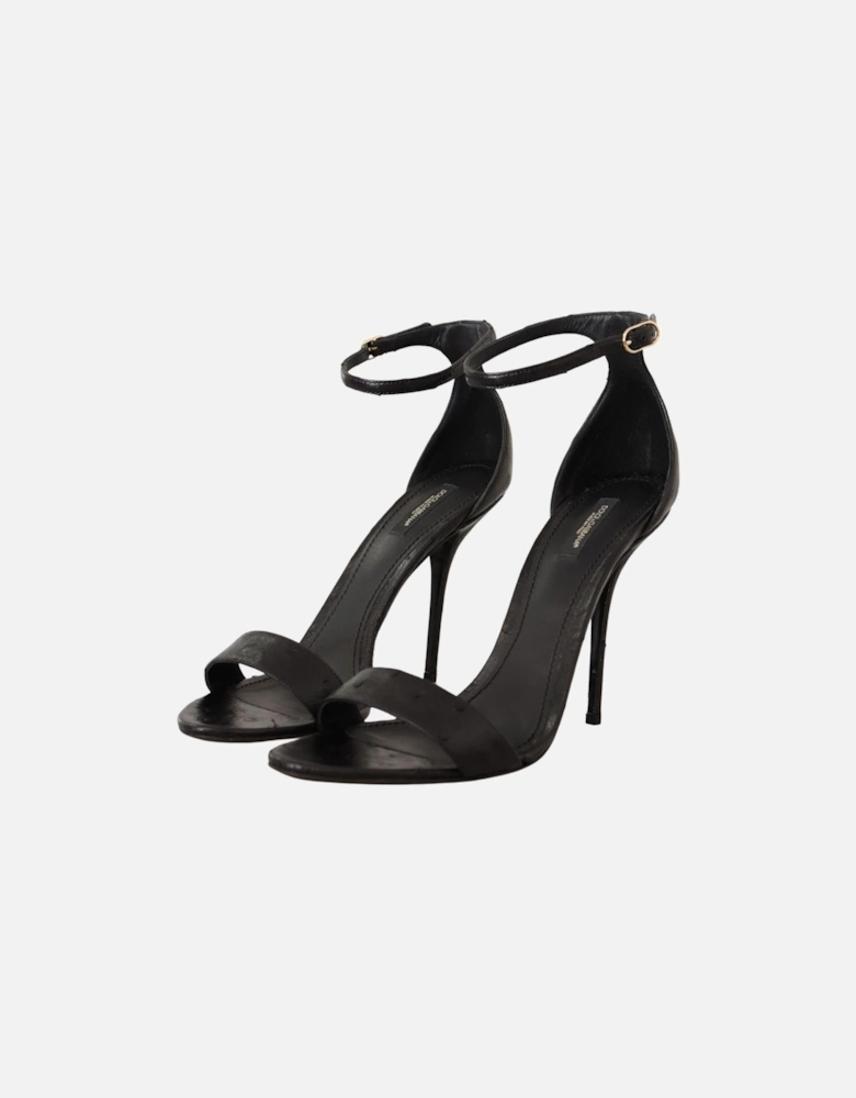 Black Ostrich Ankle Strap Heels Sandals Shoes Women