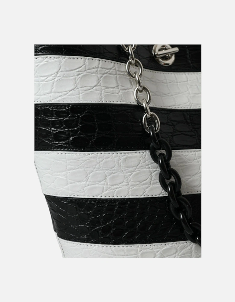 Crocodile Leather Bucket Bag with Turn Lock Closure and Logo Detail.