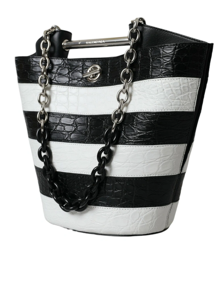 Crocodile Leather Bucket Bag with Turn Lock Closure and Logo Detail.