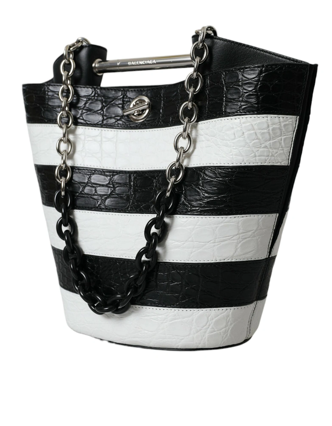 Chic Crocodile Leather Maxi Bucket Bag Women - Black And White Tote