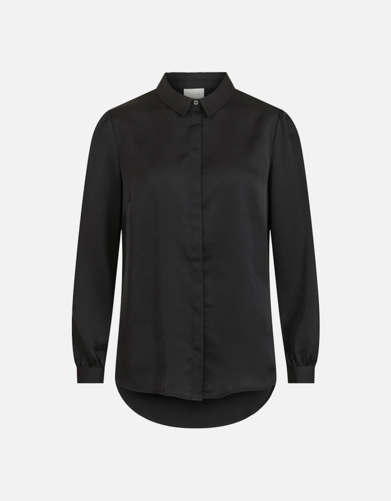 Lapel Collar Long Sleeve Button-Up Shirt Women - Black