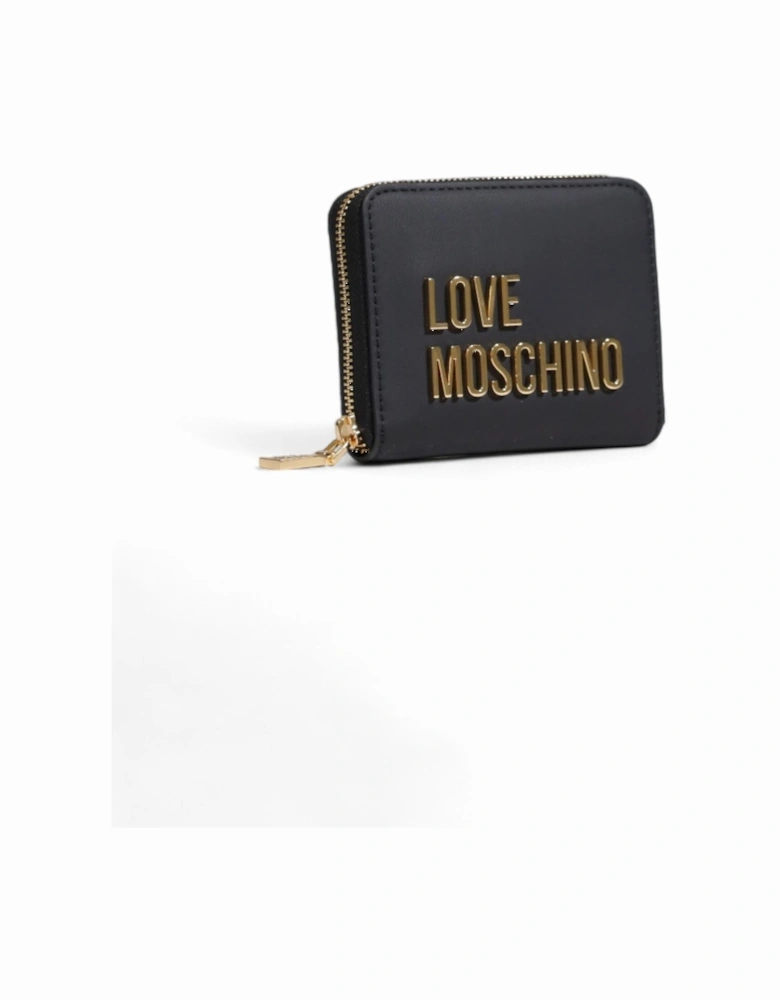 Black Zippered Polyurethane Wallet - Women