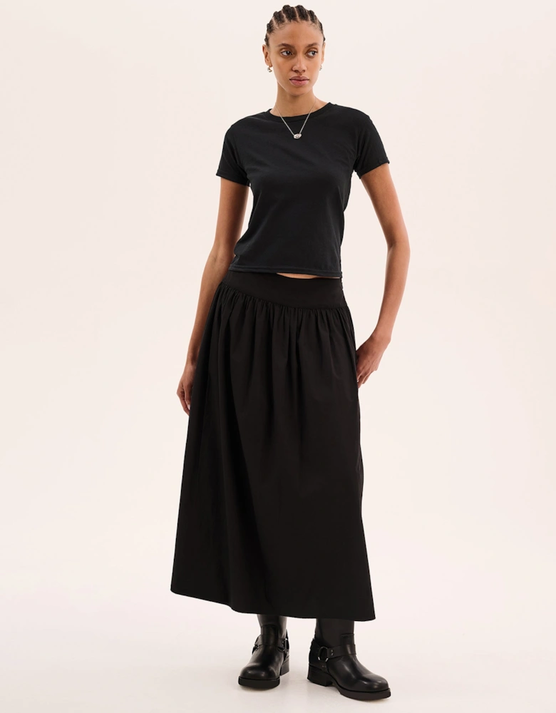 Darcie Drop Waist Full Midi Skirt in Black