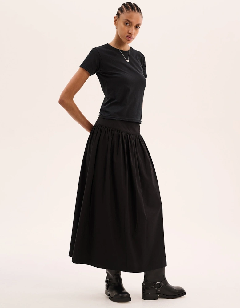 Darcie Drop Waist Full Midi Skirt in Black